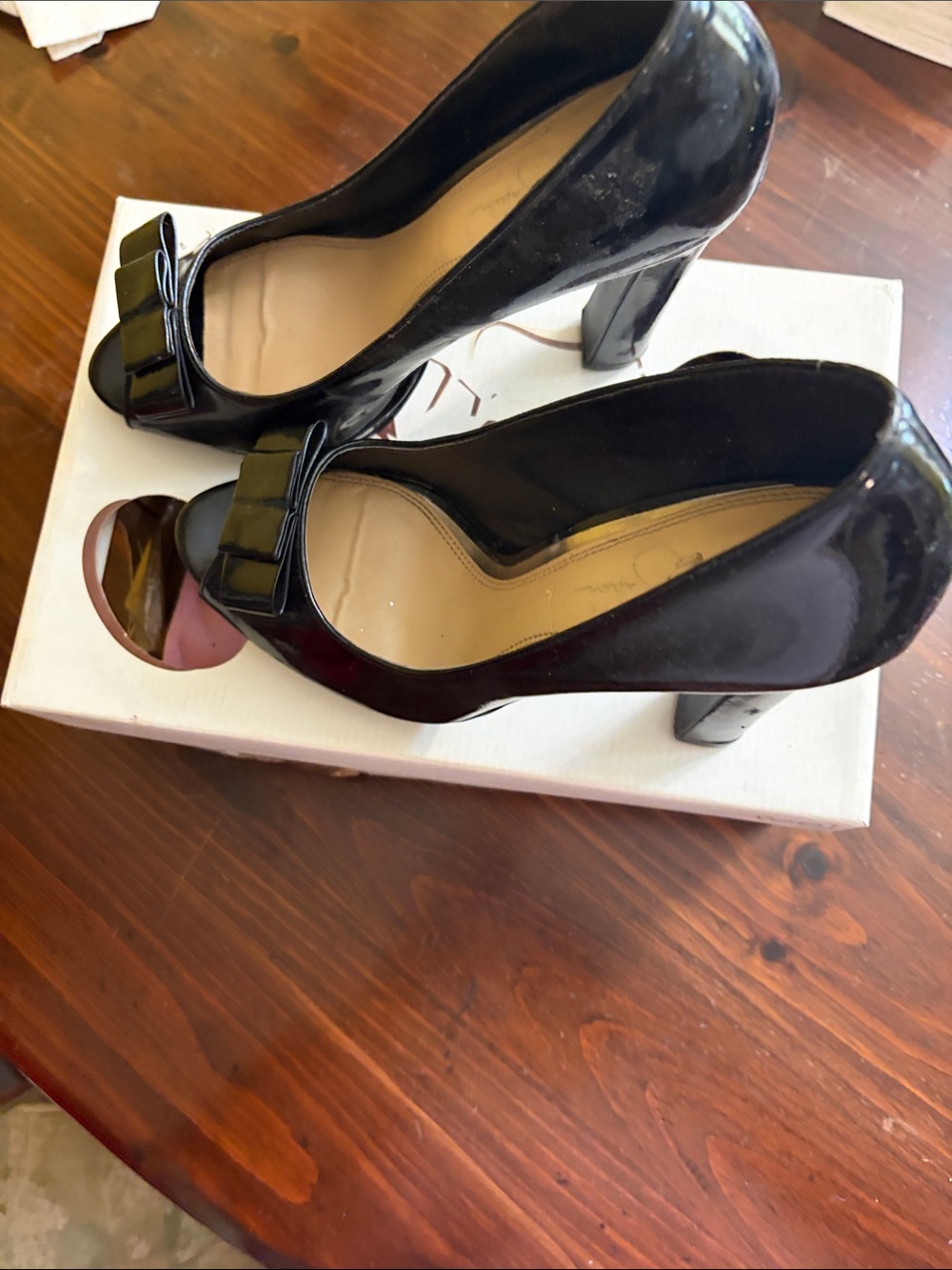 Vans Black Patent Open-Toe Heels with Bow